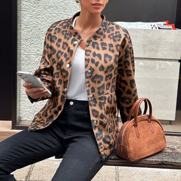 Multicolor Casual Women's Animal Leopard Print Wool Blend Jacket - Picture 4 of 6